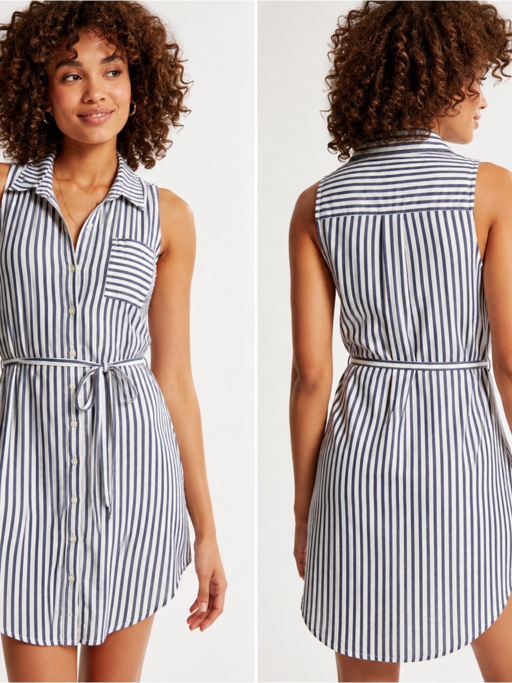 Old Navy Navy and White Sleeveless Striped Shirt Dress with Tie Waist